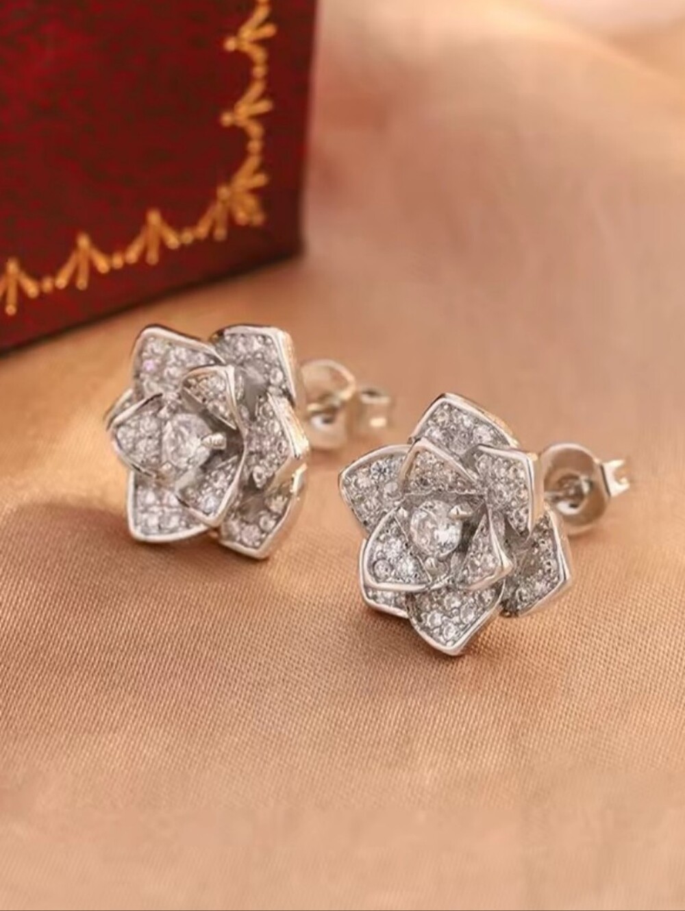 White Rhodium Pave Rose Earrings